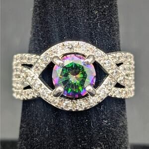 Rainbow Mystic Stone Halo Ring Size 7 Silver Tone Pave Statement Ring